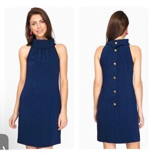 SAIL TO SABLE Navy Blue Cowl High Neck Button Back Sleeveless Dress Sz M preppy